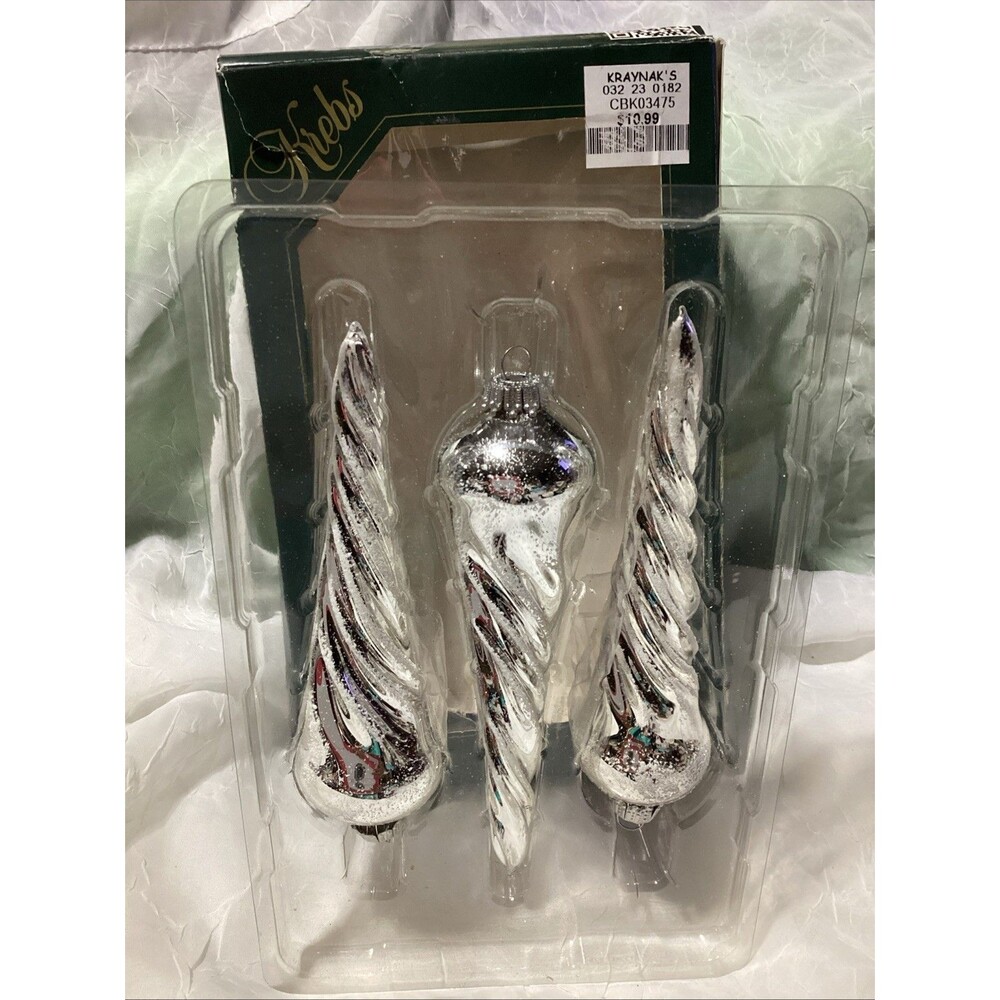Krebs Glass Christmas Ornaments Silver Glitter Icicles Twisted Boxed Set Of 3